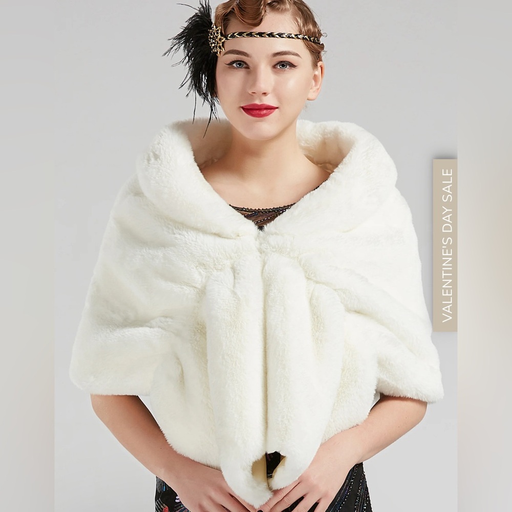 Luxurious White Faux Fur Cape Shawl